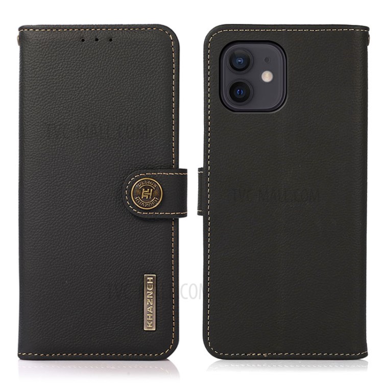 KHAZNEH Full Coverage RFID Design Anti-theft Swiping Genuine Leather Phone Shell Case for iPhone 12 mini - Black-1