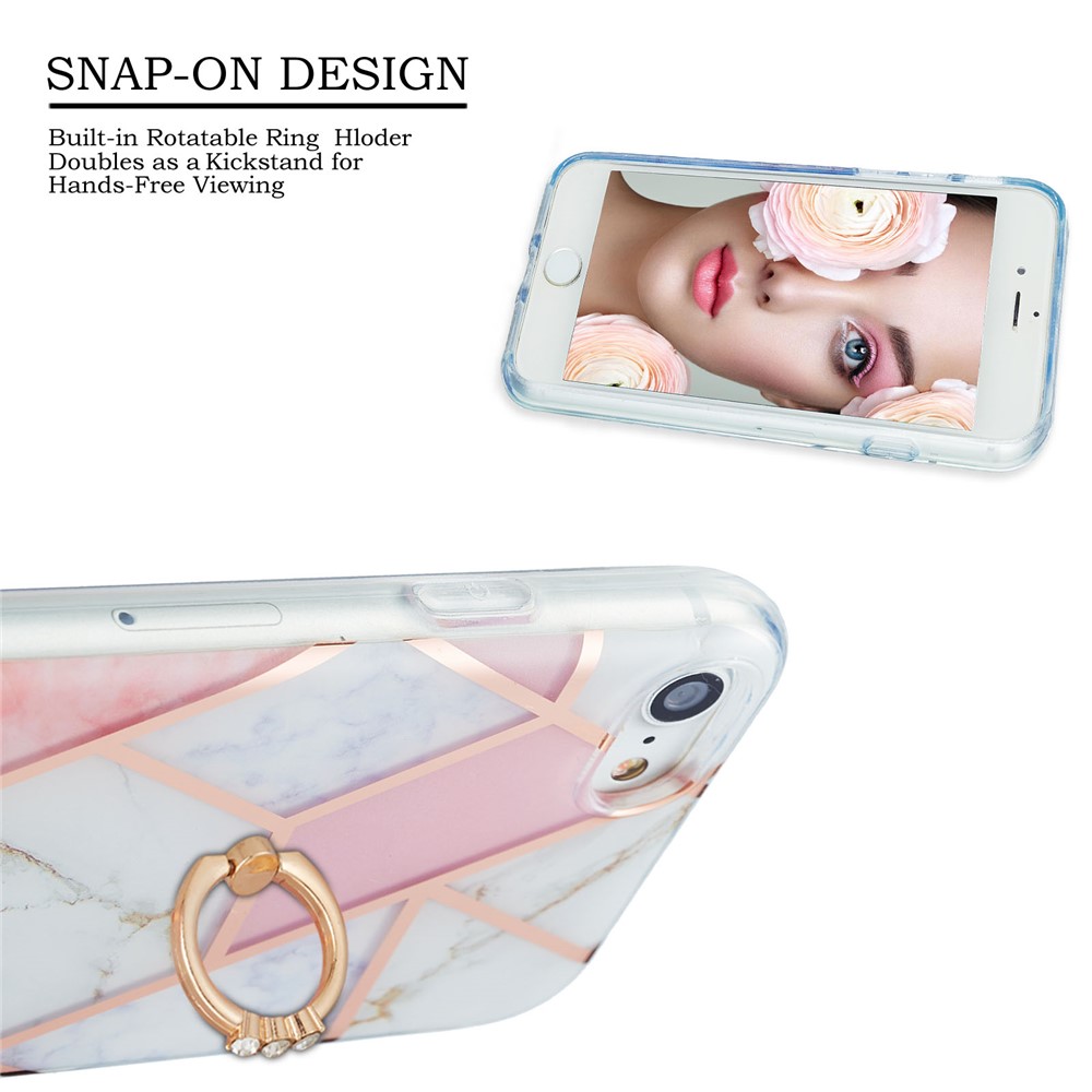 2.0mm IMD IML Electroplating Marble Pattern Protective Shell Case with Finger Ring Kickstand for iPhone SE (2nd Generation)/8/7- Pink/White-2