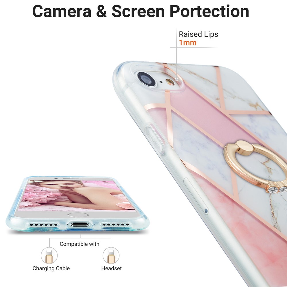 2.0mm IMD IML Electroplating Marble Pattern Protective Shell Case with Finger Ring Kickstand for iPhone SE (2nd Generation)/8/7- Pink/White-3
