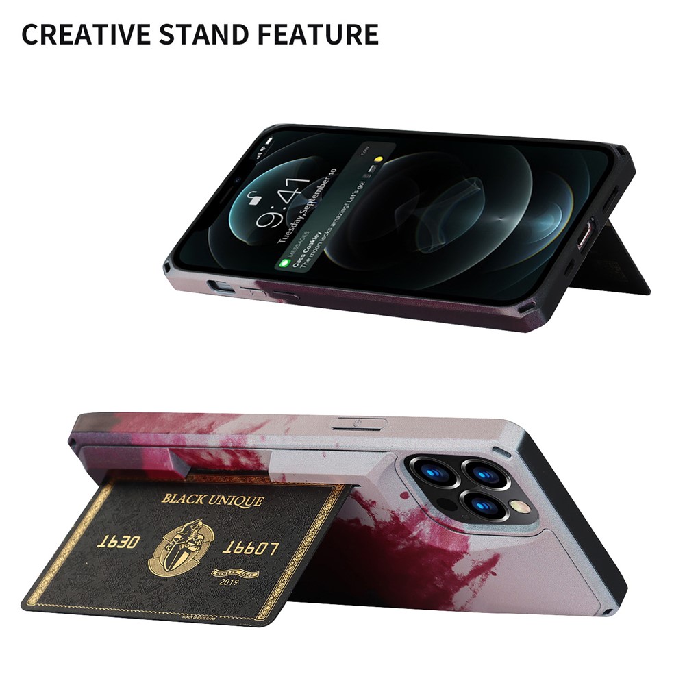 3E40 Pattern Printing Shockproof Mobile Phone Case Cover with Card Holder Kickstand for iPhone 12/12 Pro - Wine Red / Rose Gold-2