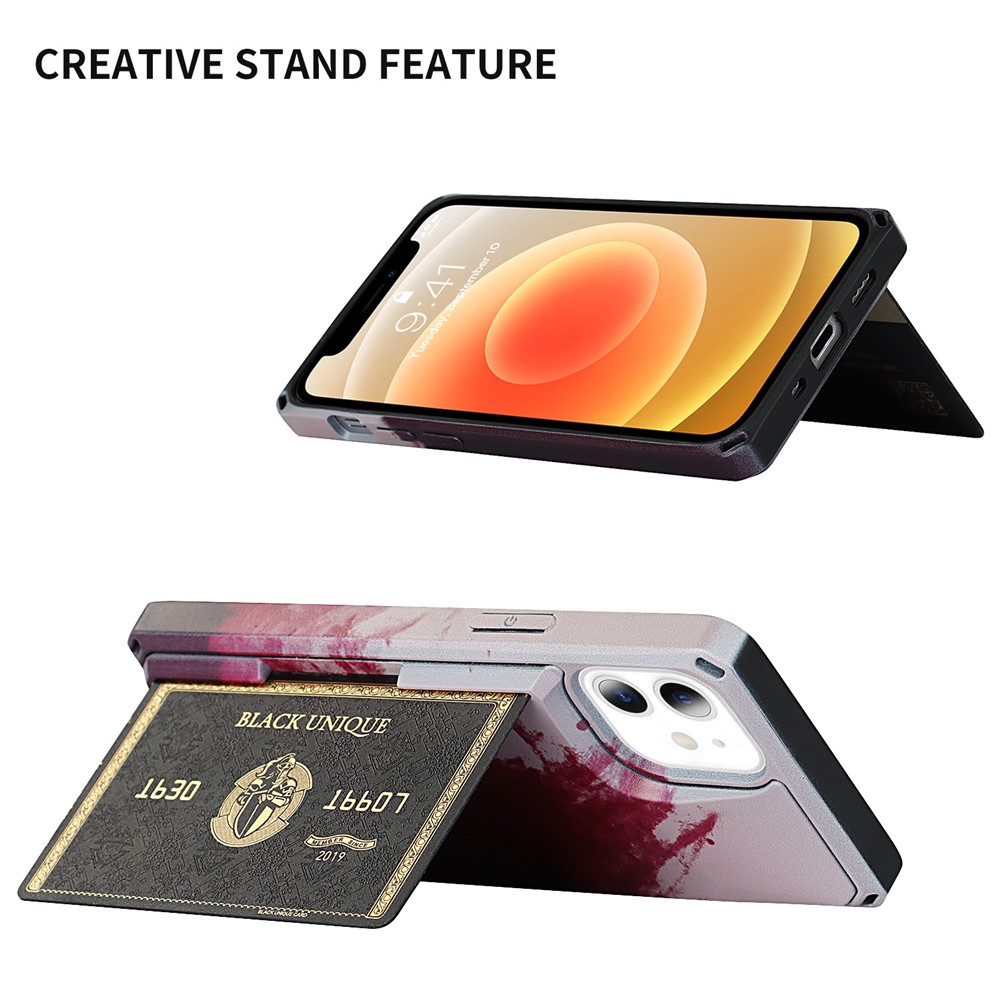 3E40 Pattern Printing Kickstand Card Holder Design Cell Phone Case Cover Shell for iPhone 12 mini - Wine Red / Rose Gold-2