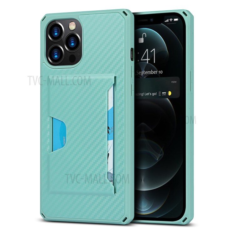 Carbon Fiber Skin Shockproof Leather Cell Phone Case Shell with Card Holder for iPhone 12 /12 Pro - Green-1
