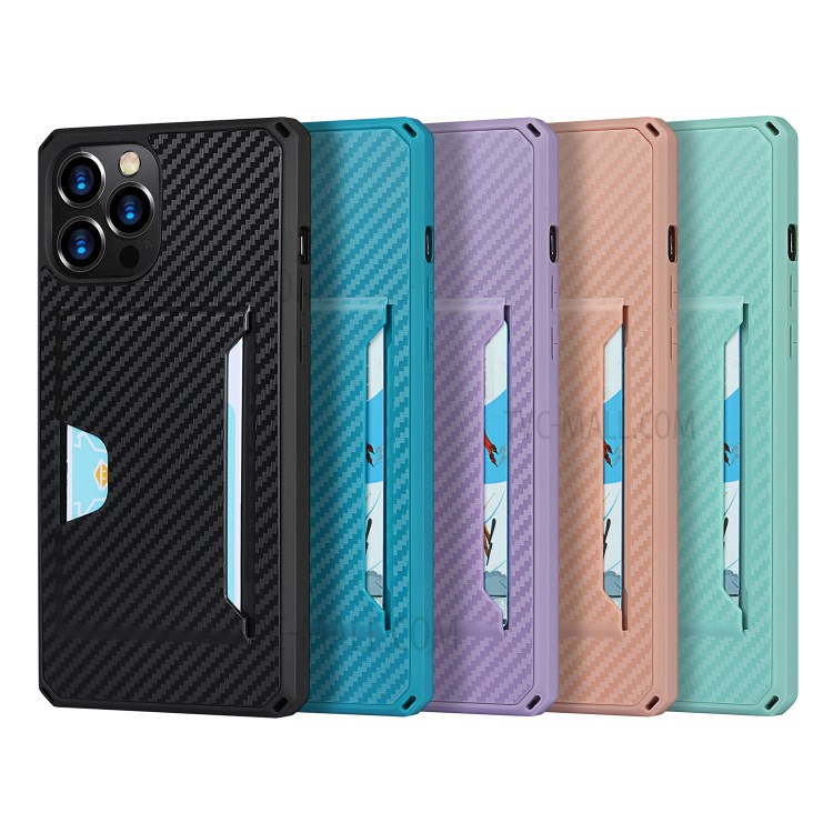 Carbon Fiber Skin Shockproof Leather Cell Phone Case Shell with Card Holder for iPhone 12 /12 Pro - Green-10