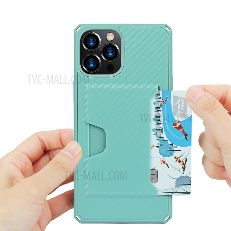 Carbon Fiber Skin Shockproof Leather Cell Phone Case Shell with Card Holder for iPhone 12 /12 Pro - Green-2