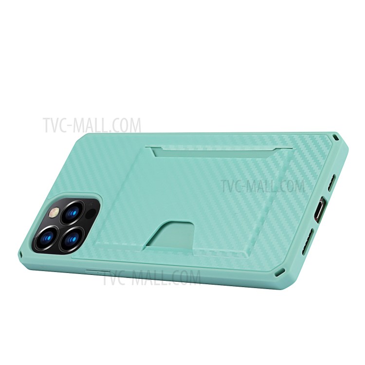 Carbon Fiber Skin Shockproof Leather Cell Phone Case Shell with Card Holder for iPhone 12 /12 Pro - Green-9