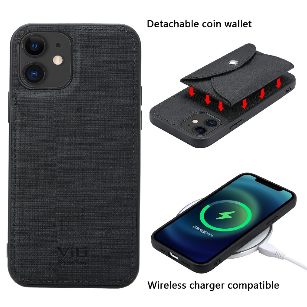 VILI T Series Movable Magnetic Absorption Wallet Leather Coated TPU Phone Case for iPhone 12 Pro / 12 6.1 inch - Black-3
