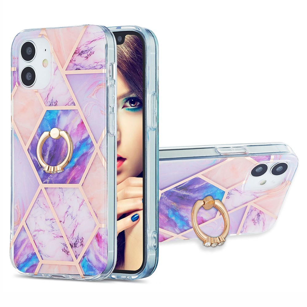 Coque De Téléphone De Téléphone De Marbre 2.0mm IMD IML IML Couverture TPU Avec Bague À Doigt Ucclesse Pour IPhone 12 Mini - Violet Clair-1
