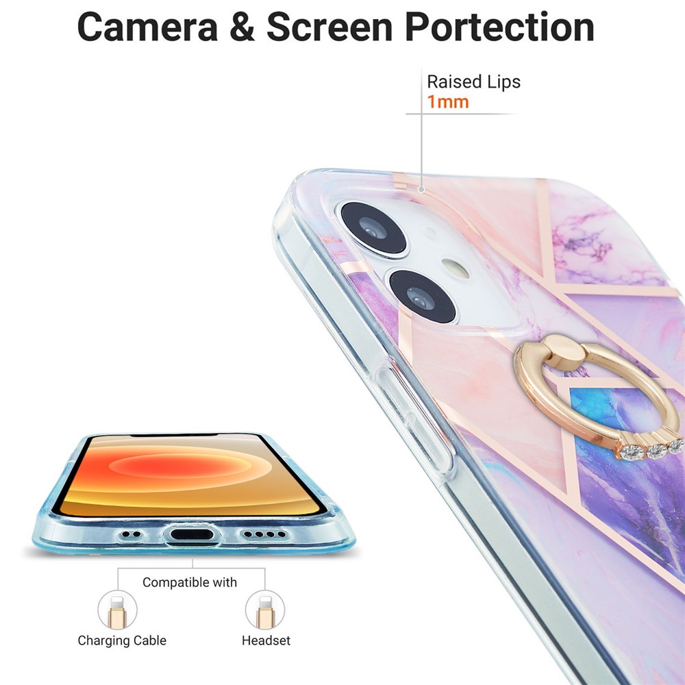 Coque De Téléphone De Téléphone De Marbre 2.0mm IMD IML IML Couverture TPU Avec Bague À Doigt Ucclesse Pour IPhone 12 Mini - Violet Clair-4