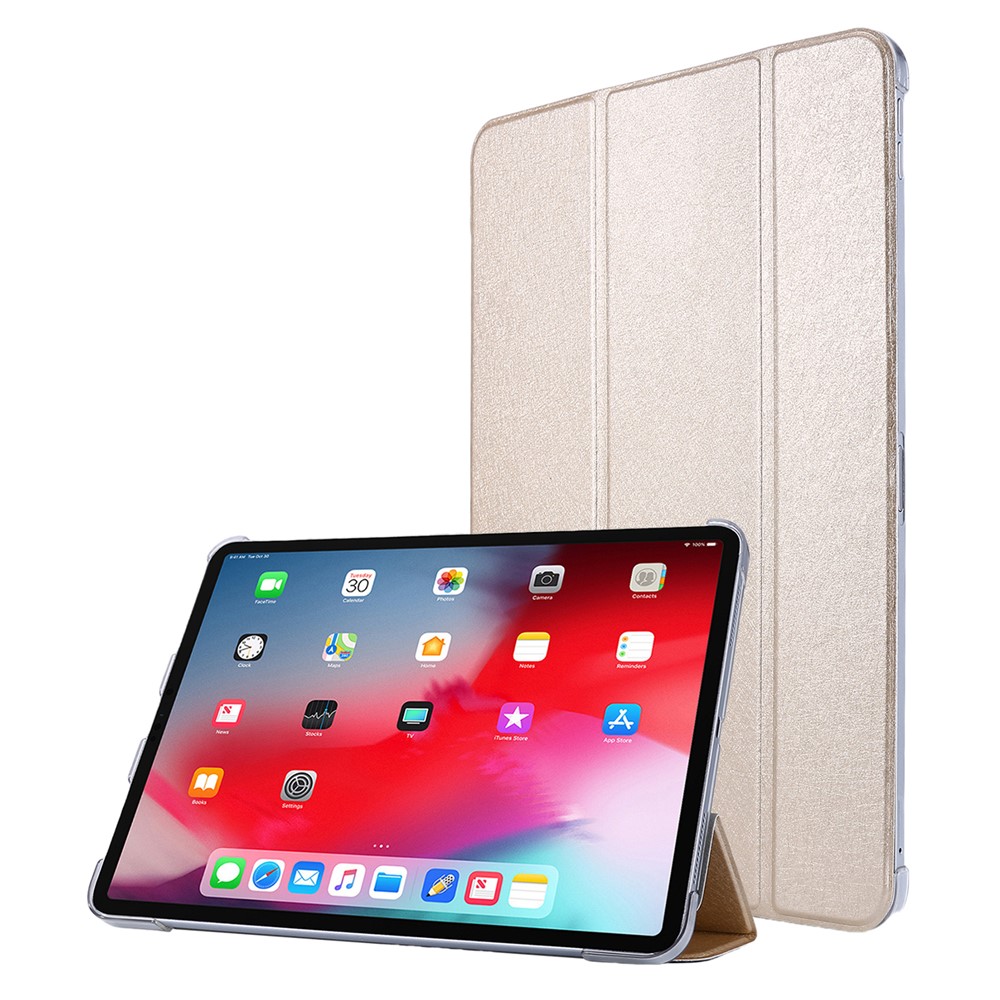 Silk Texture Tri-fold Stand PU Leather Tablet Smart Case Cover Shell for iPad Pro 12.9-inch (2021) - Gold