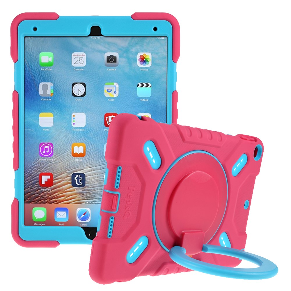 PEPKOO For iPad 9.7-inch (2017)/(2018) 360 Degree Swivel Kickstand Tablet Case PC + Silicone Cover with Anti-Dust Plug - Rose/Blue