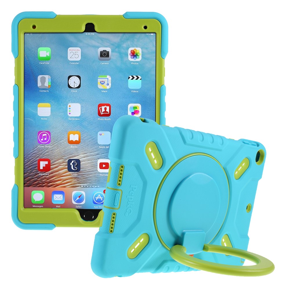 PEPKOO For iPad 9.7-inch (2017)/(2018) 360 Degree Swivel Kickstand Tablet Case PC + Silicone Cover with Anti-Dust Plug - Blue/Green