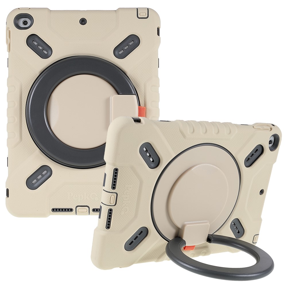 PEPKOO For iPad 9.7-inch (2017)/(2018) 360 Degree Swivel Kickstand Tablet Case PC + Silicone Cover with Anti-Dust Plug - Beige