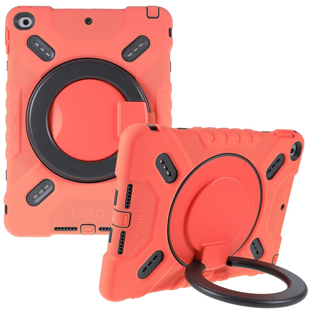 PEPKOO For iPad 9.7-inch (2017)/(2018) 360 Degree Swivel Kickstand Tablet Case PC + Silicone Cover with Anti-Dust Plug - Orange