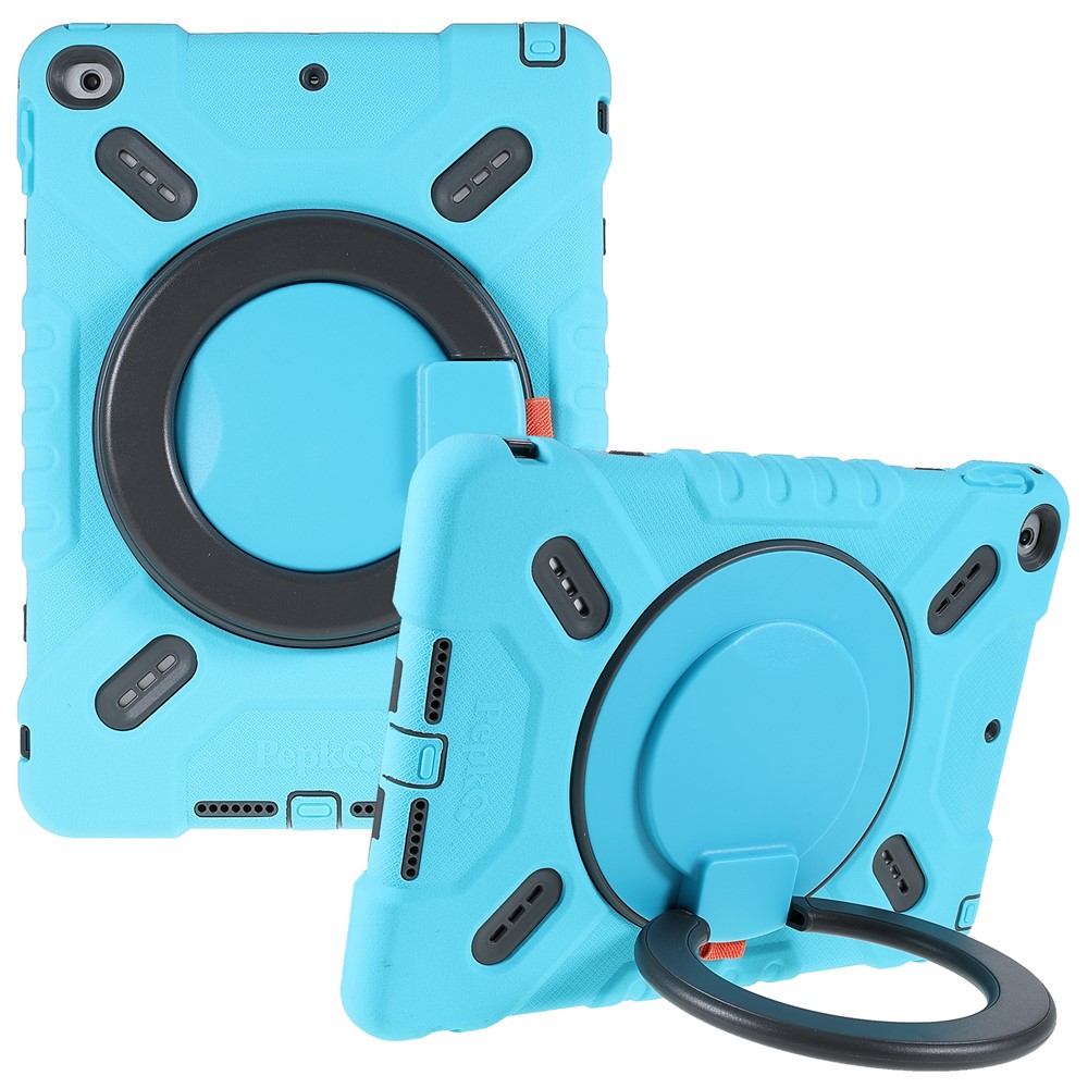 PEPKOO For iPad 9.7-inch (2017)/(2018) 360 Degree Swivel Kickstand Tablet Case PC + Silicone Cover with Anti-Dust Plug - Baby Blue