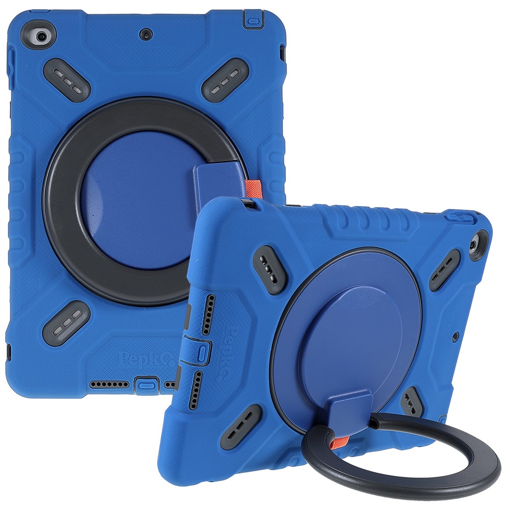 PEPKOO For iPad 9.7-inch (2017)/(2018) 360 Degree Swivel Kickstand Tablet Case PC + Silicone Cover with Anti-Dust Plug - Dark Blue