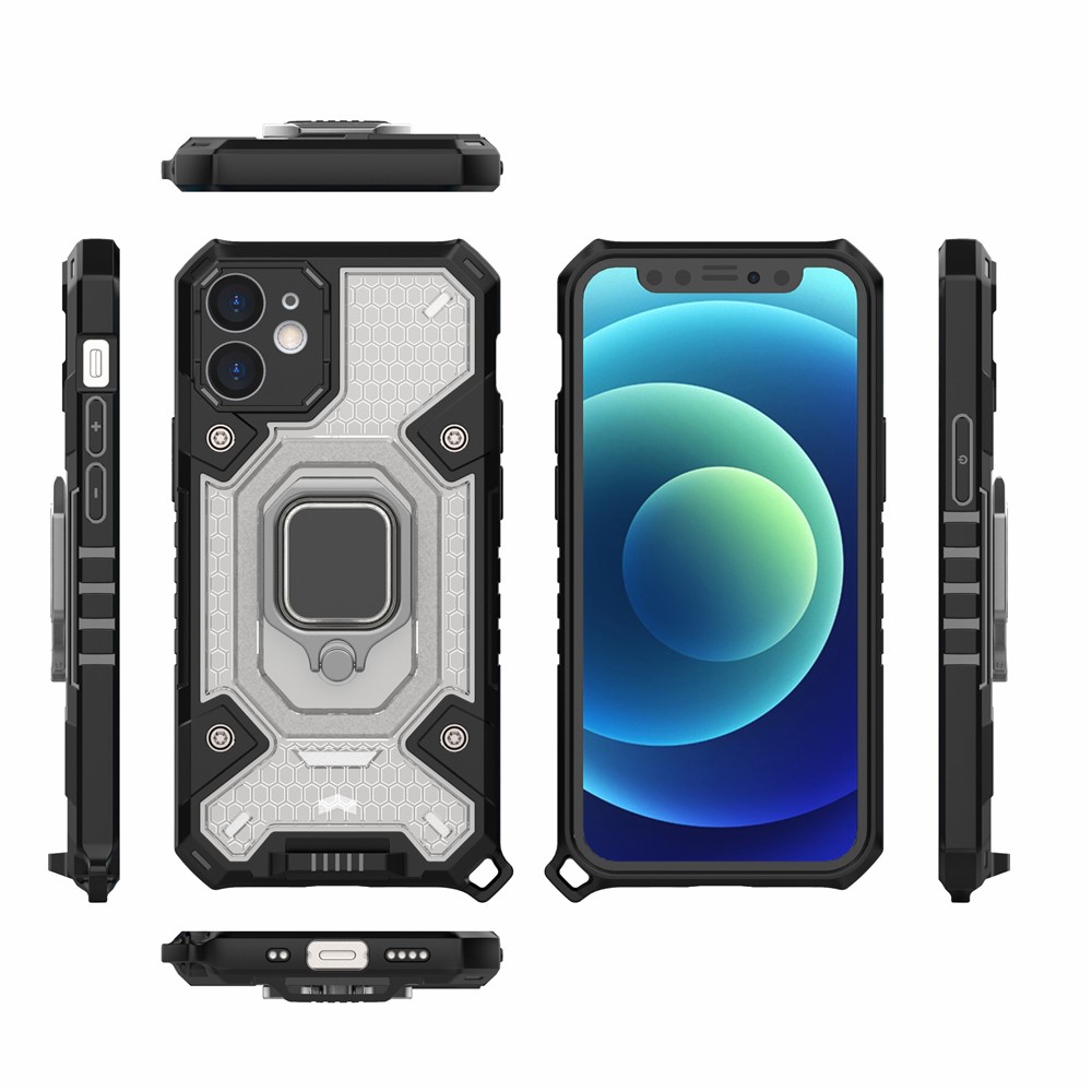 PC+TPU Hybrid Case Mobile Phone Protective Cover Shell with Ring Kickstand for iPhone 12 mini - Grey-3