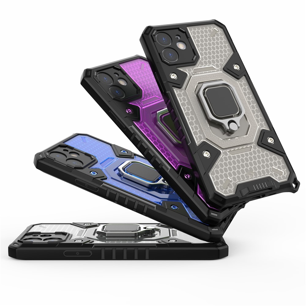 PC+TPU Hybrid Cover Case Drop-proof Cell Phone Shell Protector with Kickstand for iPhone 12 - Grey-12