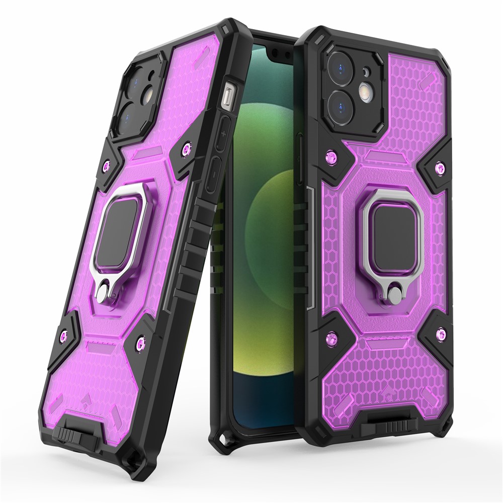 PC+TPU Hybrid Cover Case Drop-proof Cell Phone Shell Protector with Kickstand for iPhone 12 - Purple-3