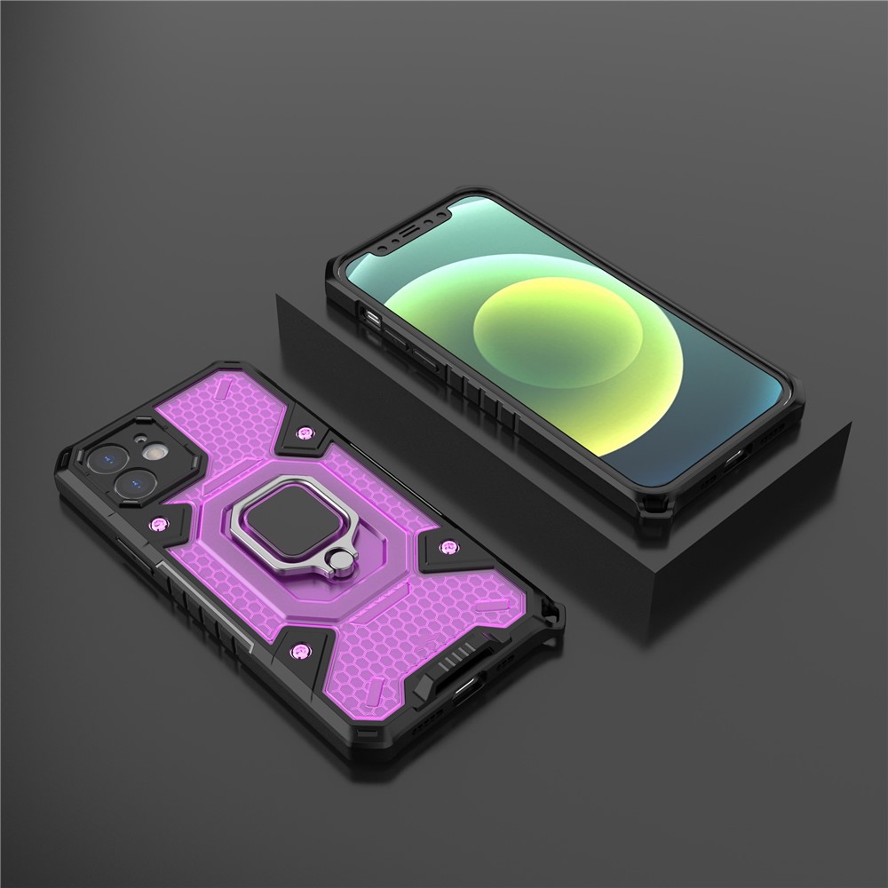 PC+TPU Hybrid Cover Case Drop-proof Cell Phone Shell Protector with Kickstand for iPhone 12 - Purple-8