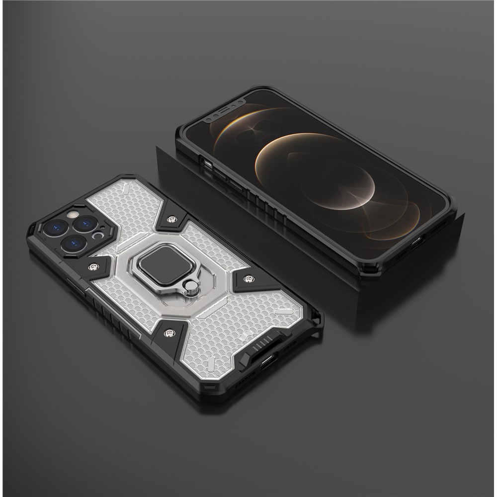 Kickstand Design PC+TPU Hybrid Phone Case Cover Shell Built-in Magnetic Holder for iPhone 12 Pro Max - Grey-11