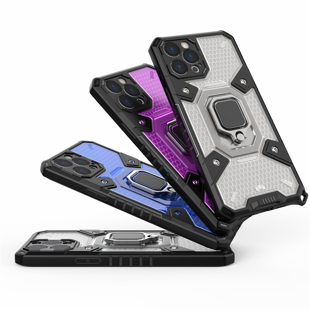 Kickstand Design PC+TPU Hybrid Phone Case Cover Shell Built-in Magnetic Holder for iPhone 12 Pro Max - Grey-12