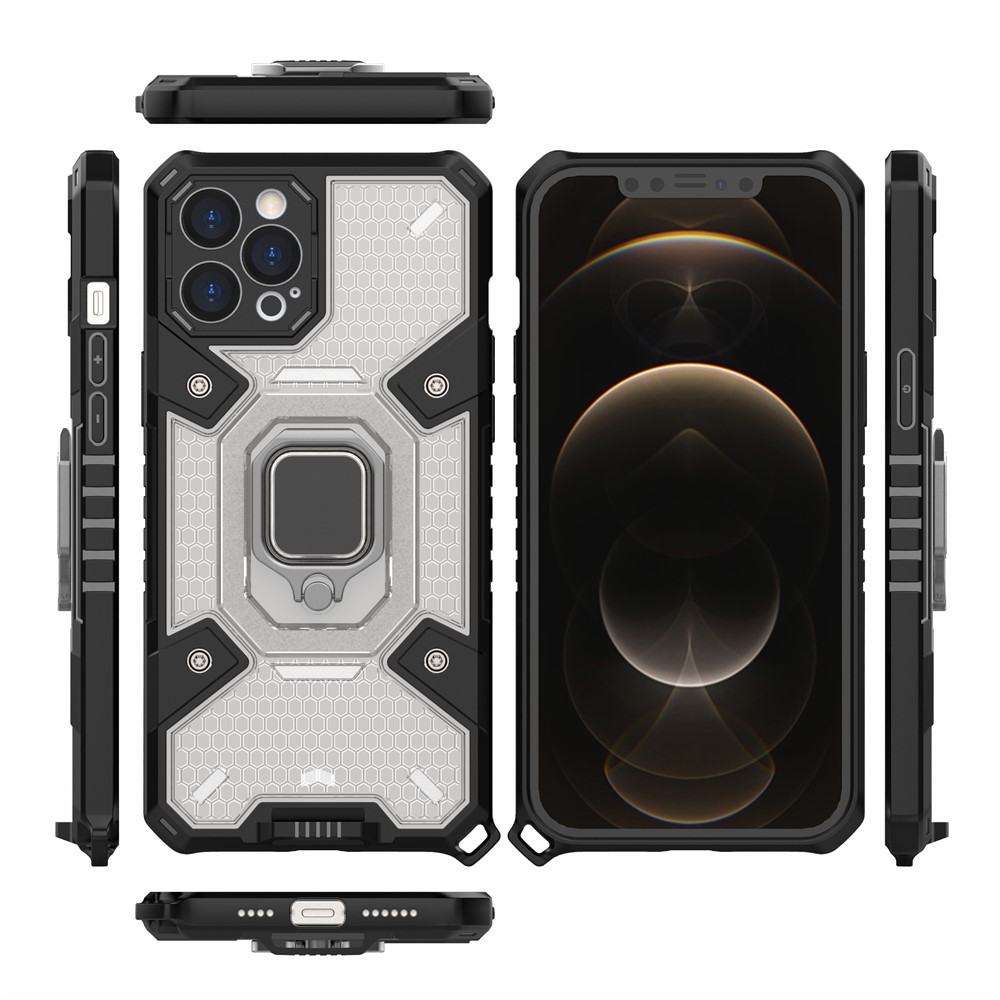 Kickstand Design PC+TPU Hybrid Phone Case Cover Shell Built-in Magnetic Holder for iPhone 12 Pro Max - Grey-3