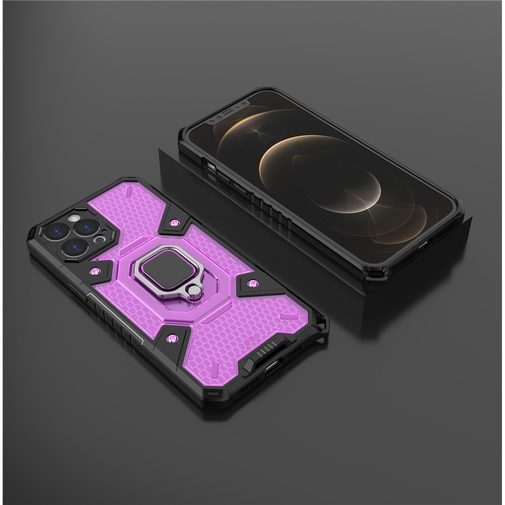 Kickstand Design PC+TPU Hybrid Phone Case Cover Shell Built-in Magnetic Holder for iPhone 12 Pro Max - Purple-7