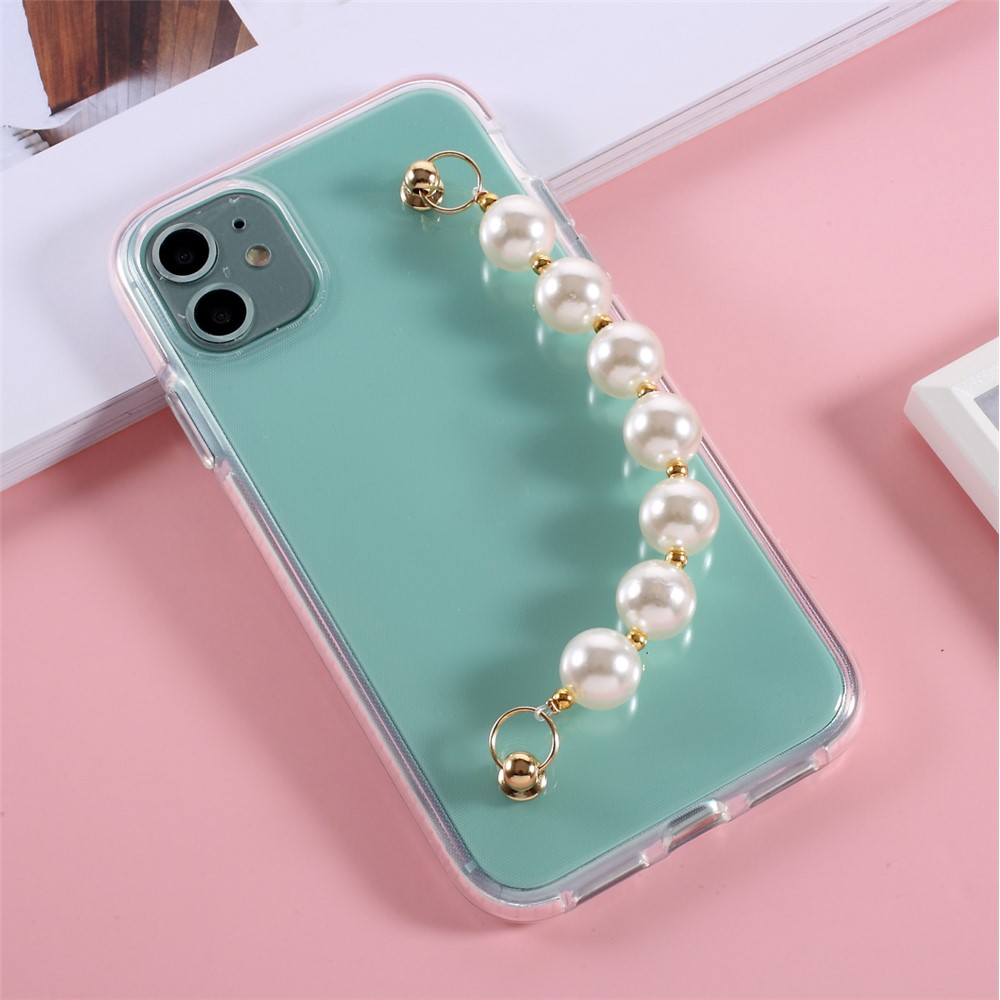 Estuche de Teléfono TPU de Cristal Anti-cortesía Bicolor Con Correa de Mano de Perla Para Iphone 11 6.1 Pulgadas-3