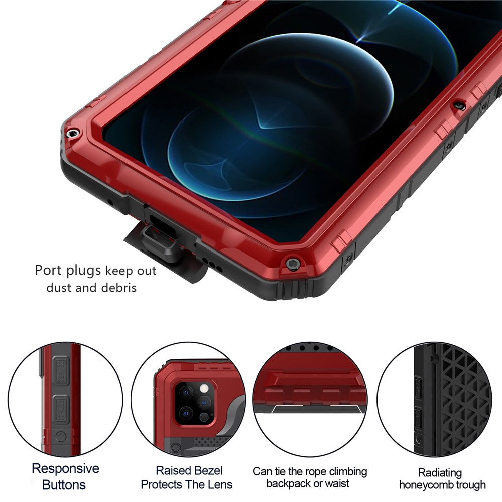 Silicone+Metal Shockproof Waterproof Case for iPhone 12 Pro Max - Red-8
