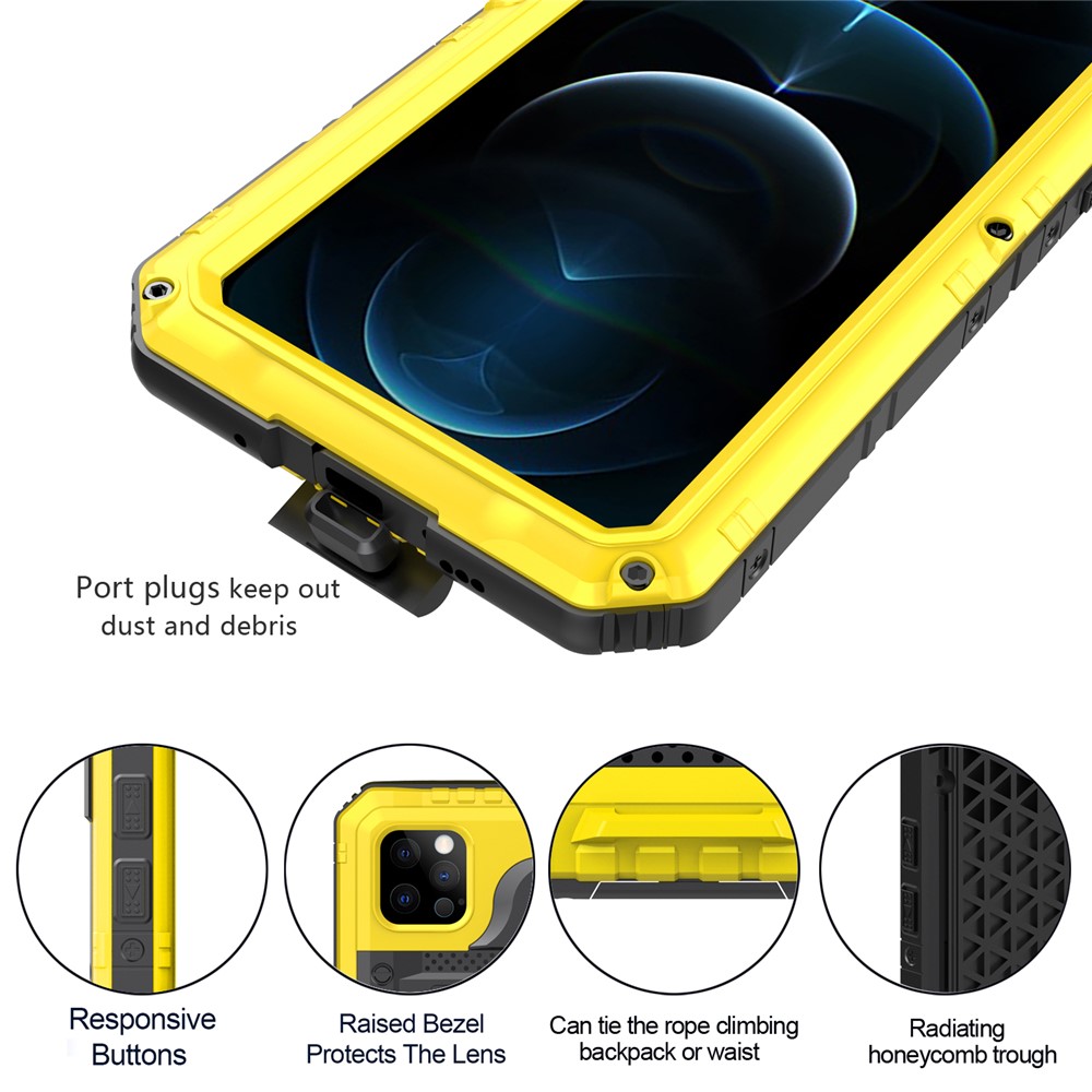 Silicone + Métal Protection Complète Cas Imperméable Antichoc Pour IPhone 12 Pro - Jaune-6