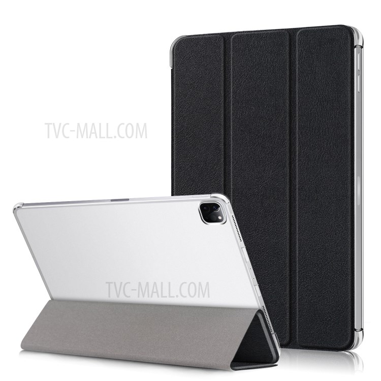 Tri-fold Stand Auto Wake/Sleep Leather Cover Transparent PC Back Shell for iPad Pro 12.9-inch (2021)/(2020)/(2018) - Black-1