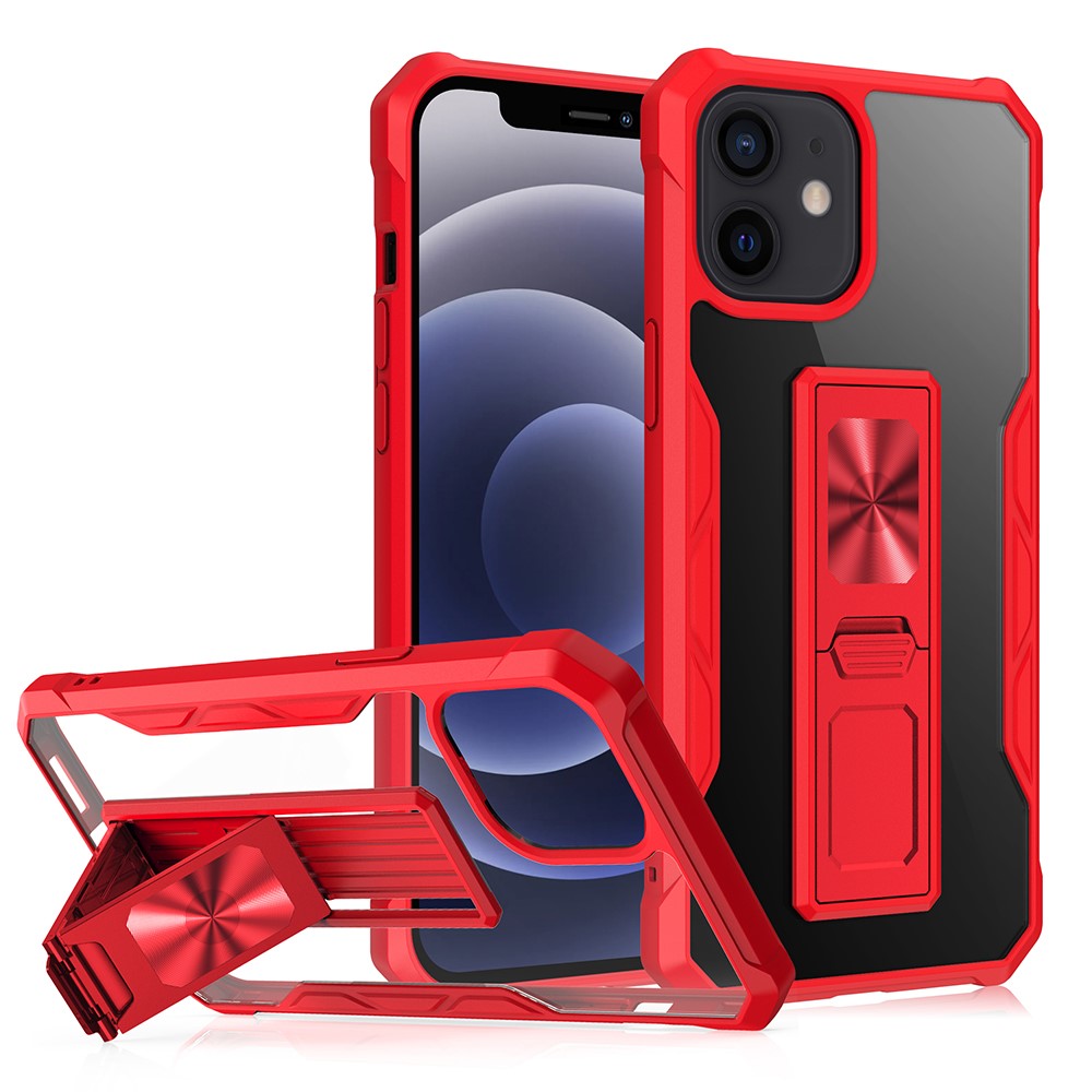 TPU + Acrylic Hybrid Phone Case Cover with Kickstand Built-in Magnetic Metal Sheet for iPhone 12 mini - Red-1