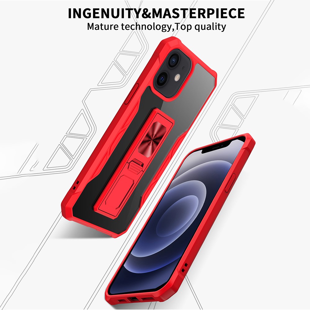 TPU + Acrylic Hybrid Phone Case Cover with Kickstand Built-in Magnetic Metal Sheet for iPhone 12 mini - Red-2