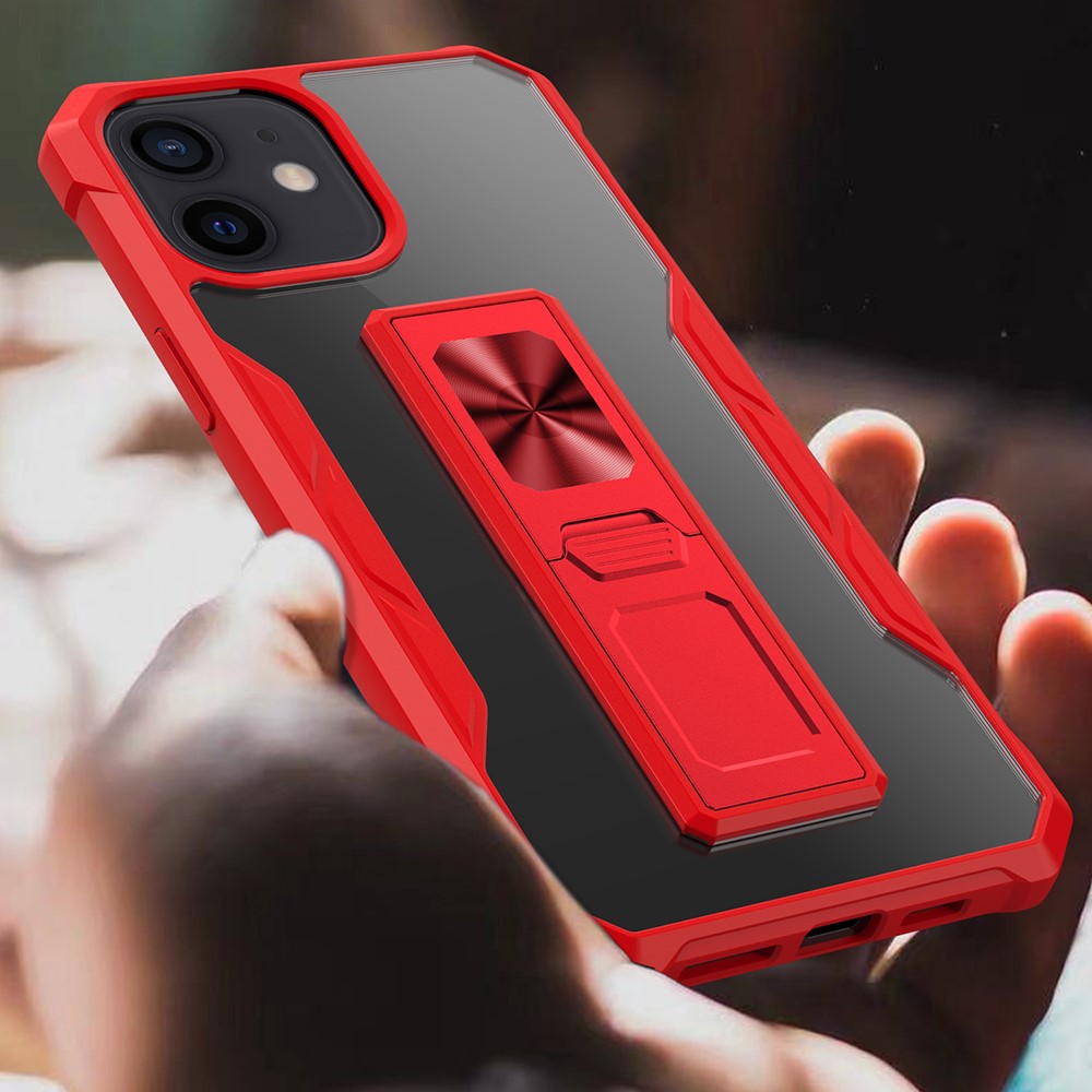 TPU + Acrylic Hybrid Phone Case Cover with Kickstand Built-in Magnetic Metal Sheet for iPhone 12 mini - Red-5