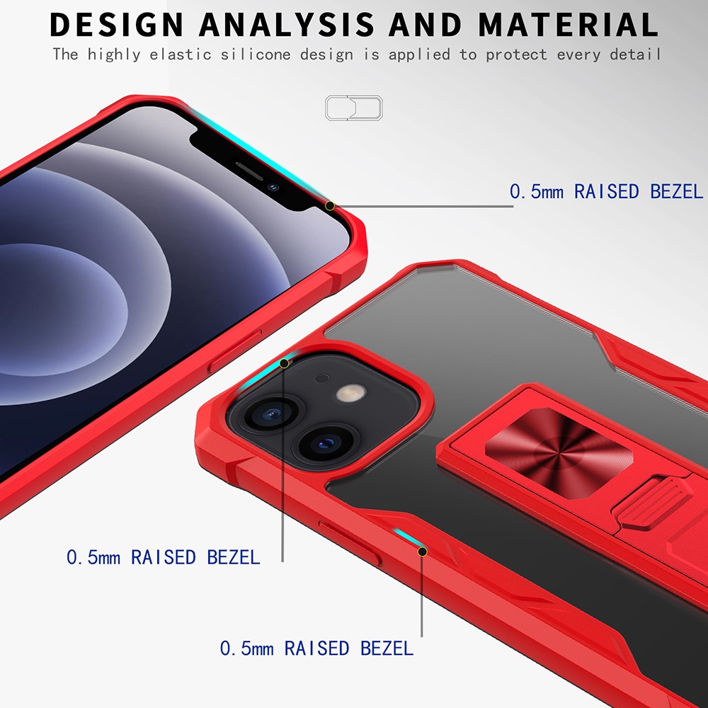 TPU + Acrylic Hybrid Phone Case Cover with Kickstand Built-in Magnetic Metal Sheet for iPhone 12 mini - Red-6