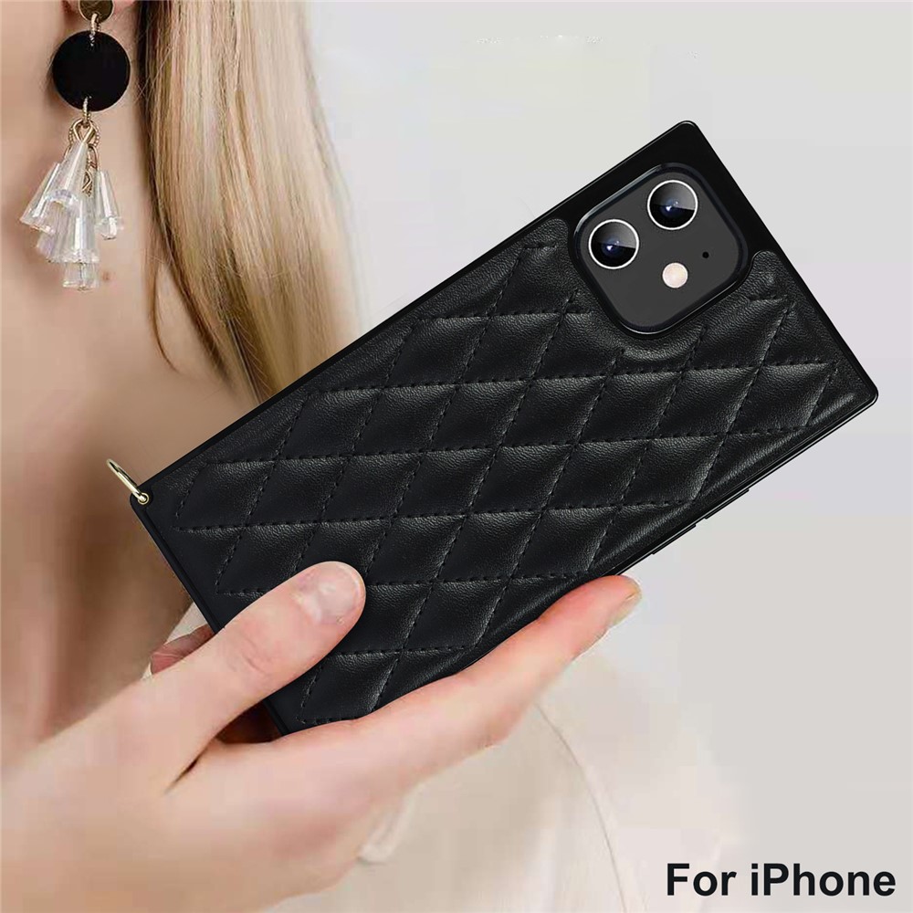 Couture Rhombus TPU + Choix Hybride En Cuir PU Avec Lanière Pour IPhone 12 Mini - Noir-4