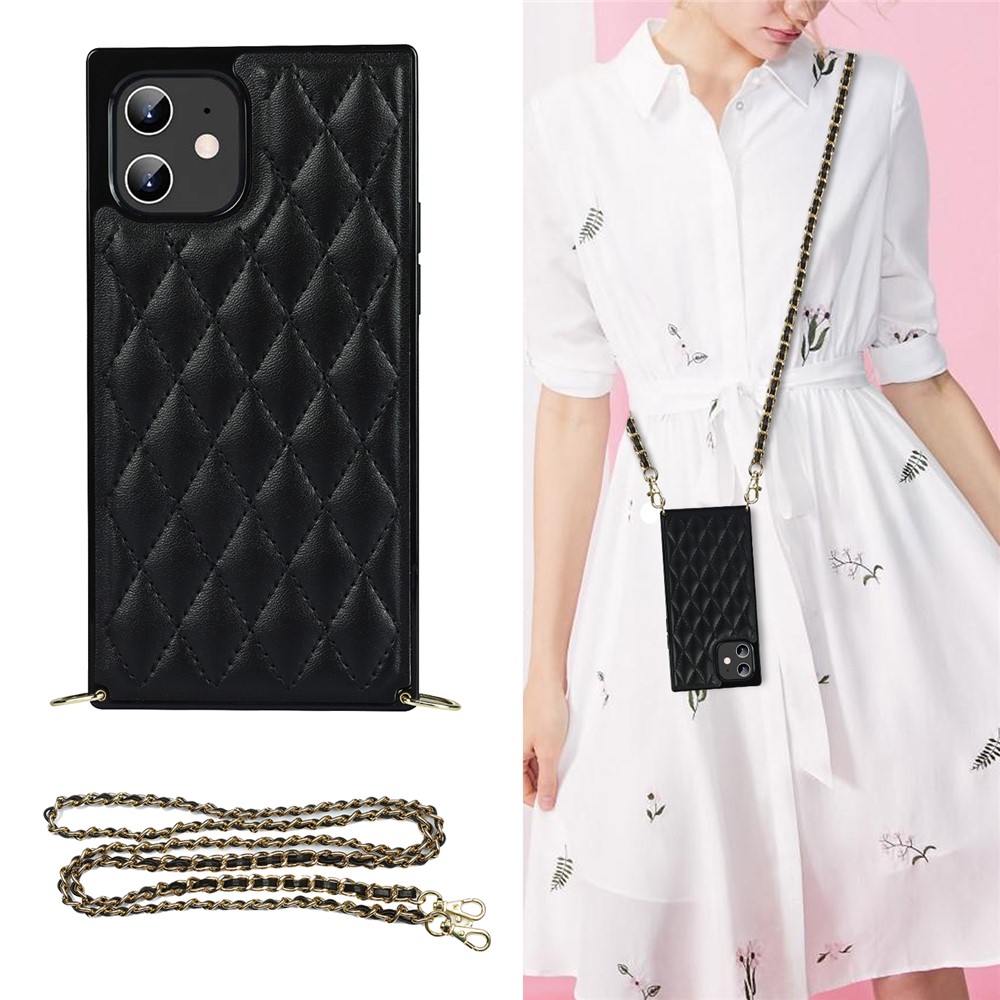 Stitching Rhombus Anti-fall Protective Hybrid Cover Case with Chain Lanyard for iPhone 12 / 12 Pro - Black-1