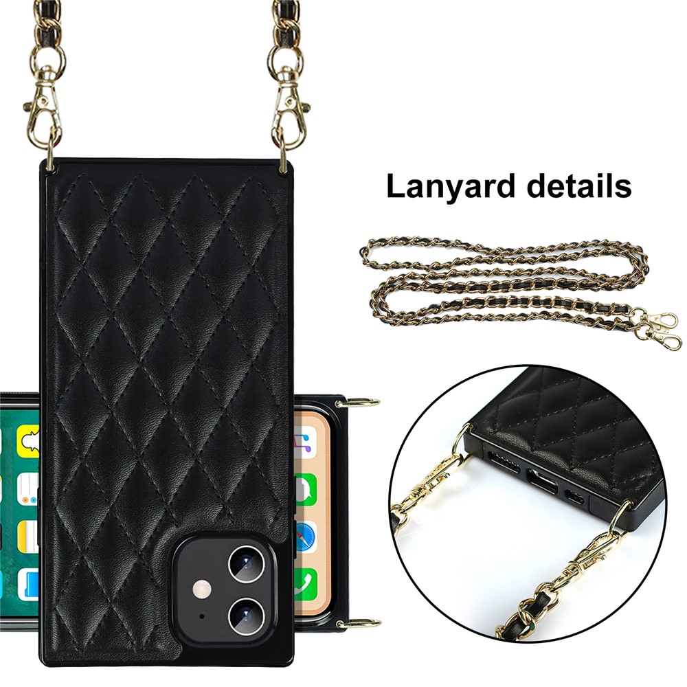 Stitching Rhombus Anti-fall Protective Hybrid Cover Case with Chain Lanyard for iPhone 12 / 12 Pro - Black-2