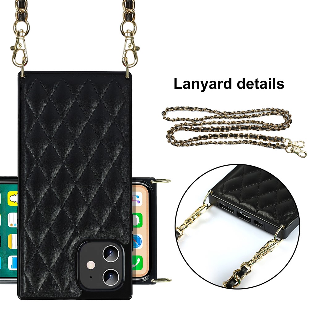 Nähende Rhombus Anti-Fall-Schutz-Hybrid-Abdeckungsfall Mit Kettenlanyard Für IPhone 12 / 12 Pro. - Schwarz