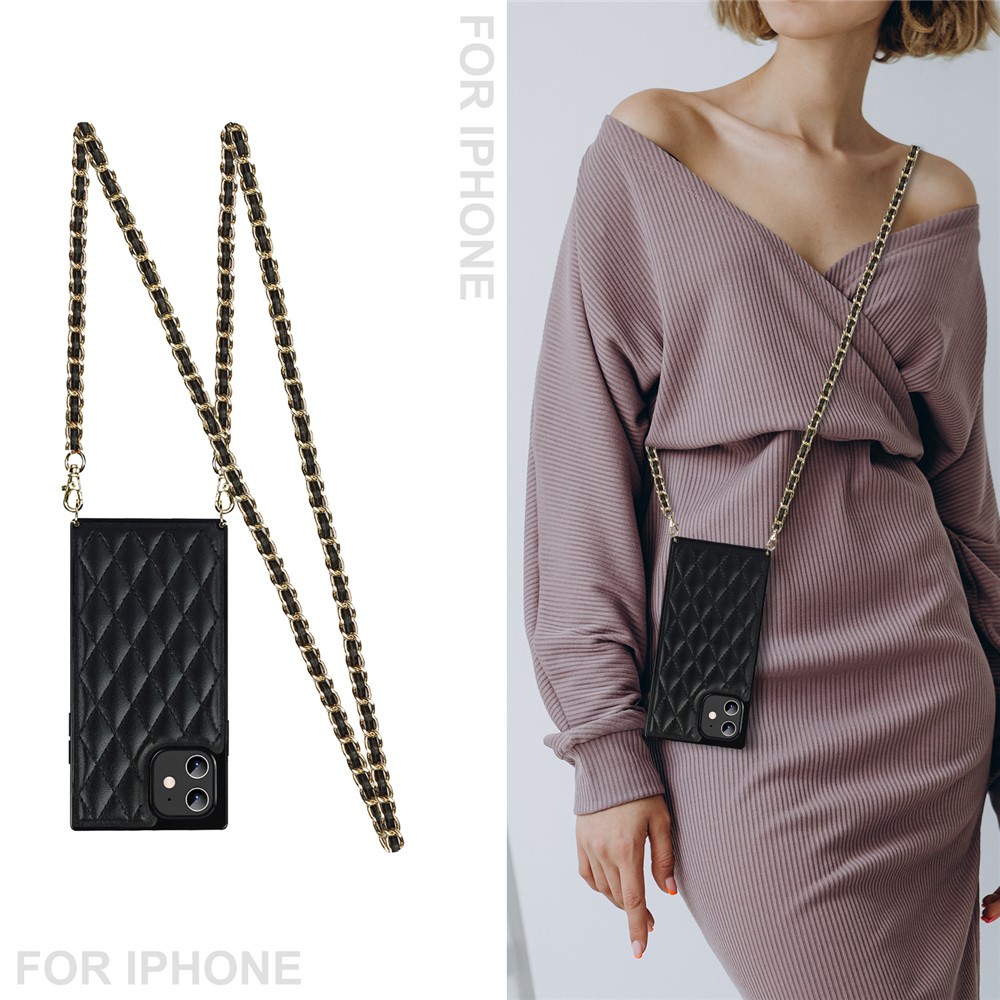 Stitching Rhombus Anti-fall Protective Hybrid Cover Case with Chain Lanyard for iPhone 12 / 12 Pro - Black-3