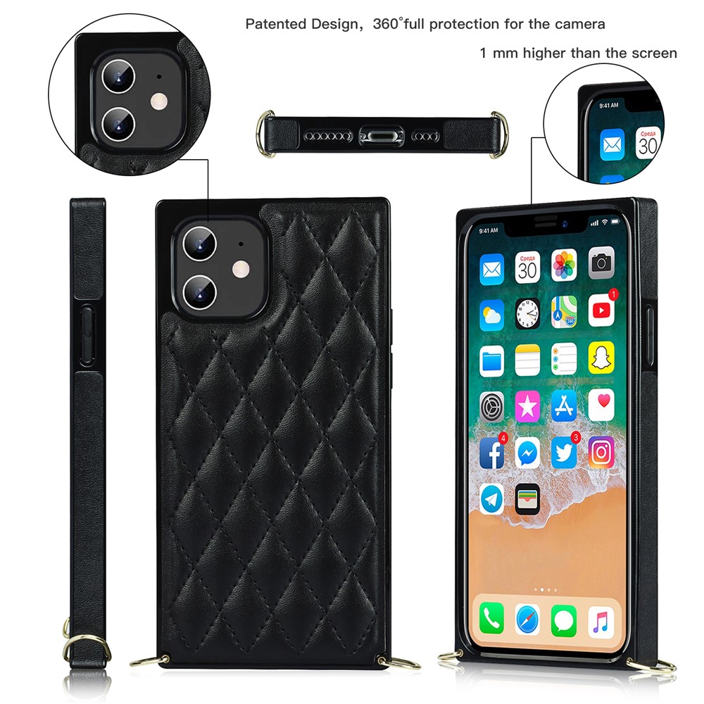 Costura Rhombus Anti-Queda Caixa De Tampa Híbrida Protetora Com Cordão De Cadeia Para IPhone 12 / 12 Pro. - Preto