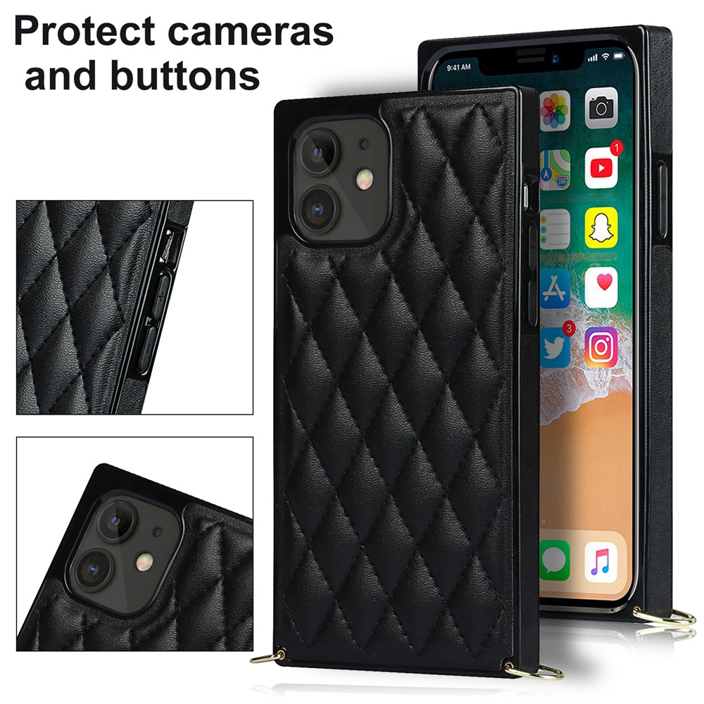 Costura Rhombus Anti-Queda Caixa De Tampa Híbrida Protetora Com Cordão De Cadeia Para IPhone 12 / 12 Pro. - Preto