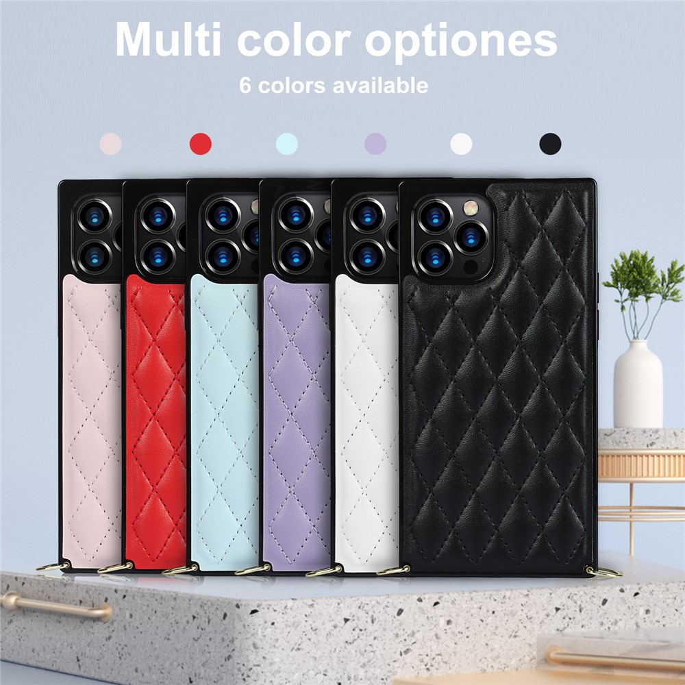 Chain Lanyard Stitching Rhombus Shock-Proof Protective Phone Case for iPhone 12 Pro Max - Black-13