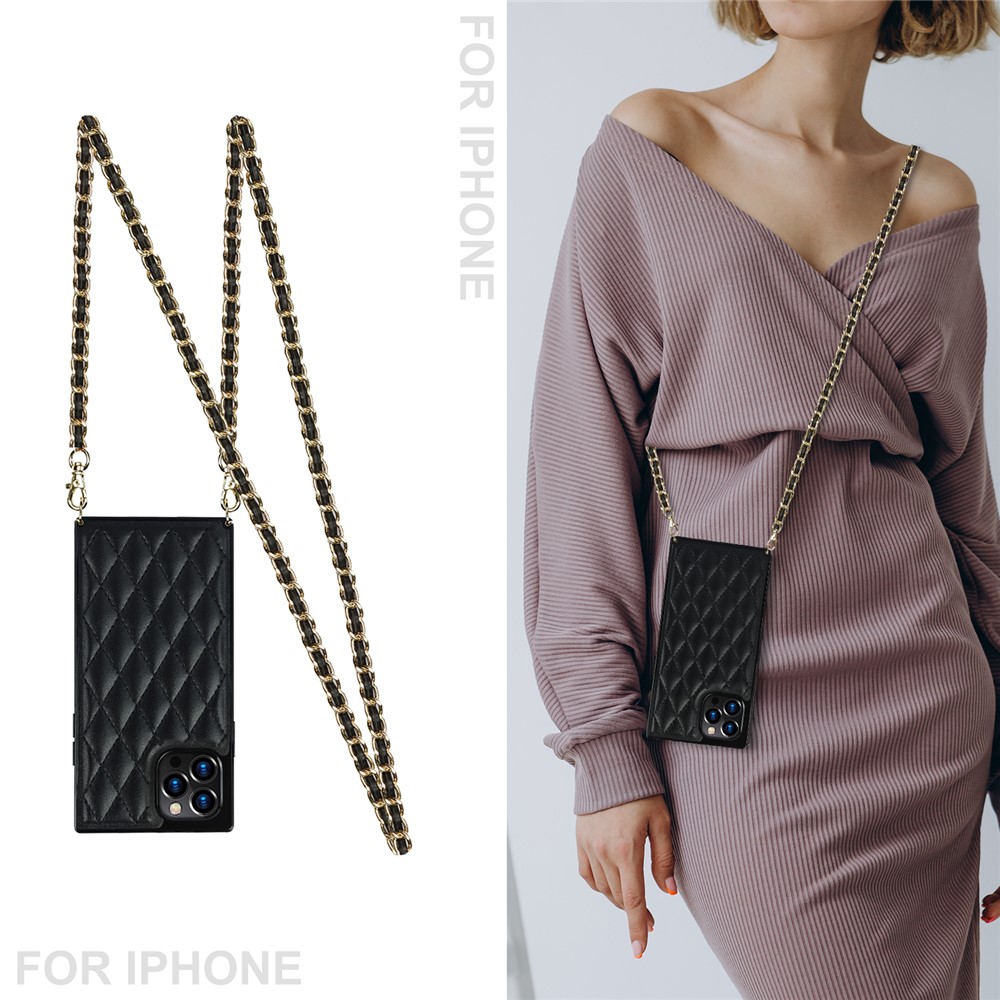 Chain Lanyard Stitching Rhombus Shock-Proof Protective Phone Case for iPhone 12 Pro Max - Black-2
