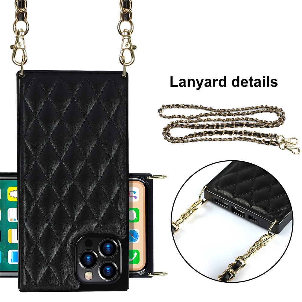Chain Lanyard Stitching Rhombus Shock-Proof Protective Phone Case for iPhone 12 Pro Max - Black-3