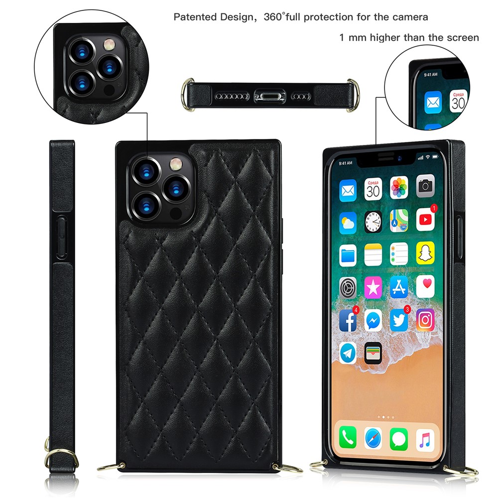 Chain Lanyard Stitching Rhombus Shock-Proof Protective Phone Case for iPhone 12 Pro Max - Black-4