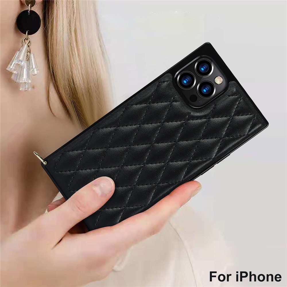 Chain Lanyard Stitching Rhombus Shock-Proof Protective Phone Case for iPhone 12 Pro Max - Black-8