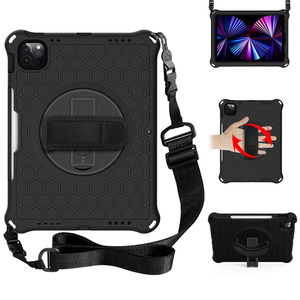 Honeycomb Texture Swivel Kickstand Shoulder Strap + Handy Strap EVA Tablet Cover Case for iPad Pro 11-inch (2022) /  (2021) / (2020) / (2018) - Black