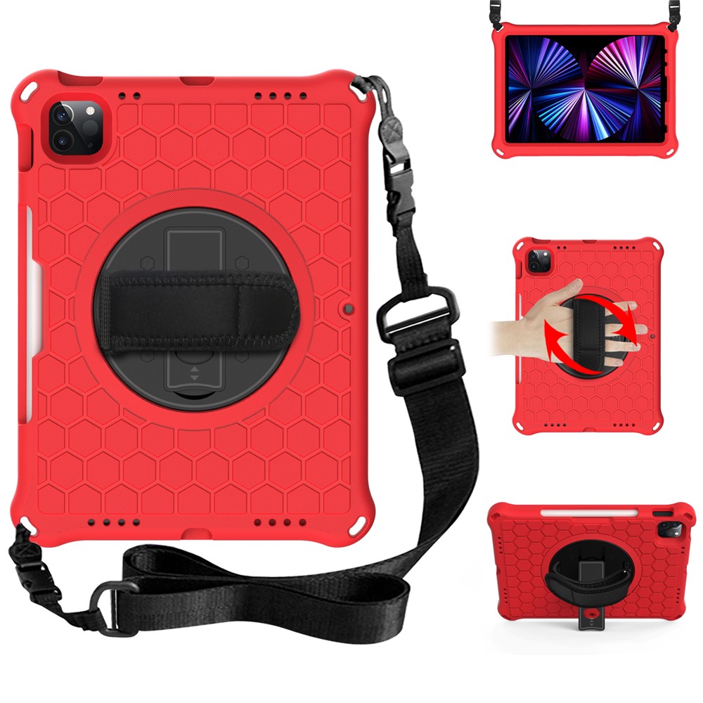 Honeycomb Texture Swivel Kickstand Shoulder Strap + Handy Strap EVA Tablet Cover Case for iPad Pro 11-inch (2022) /  (2021) / (2020) / (2018) - Red / Black