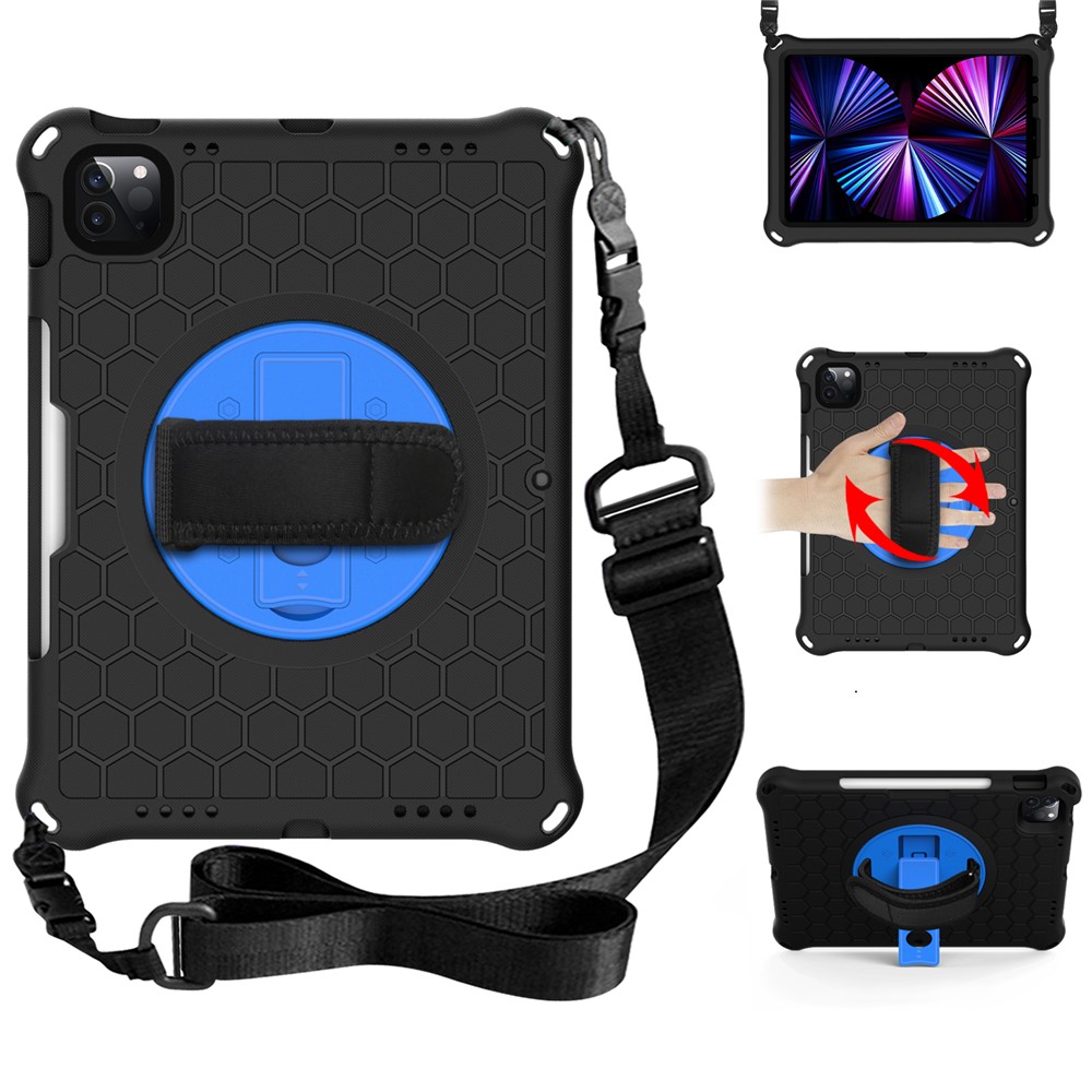 Honeycomb Texture Swivel Kickstand Shoulder Strap + Handy Strap EVA Tablet Cover Case for iPad Pro 11-inch (2022) /  (2021) / (2020) / (2018) - Black / Blue